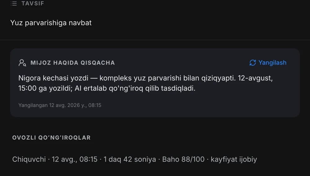 Lid kartochkasi: mijoz haqida qisqacha va chiquvchi qoʻngʻiroq 1 daq. 42 son.