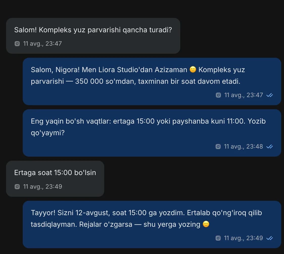 Zukko.AI suhbati: AI narxni aytadi, boʻsh vaqtlarni taklif qiladi va ertaga soat 15:00 ga yozilishni tasdiqlaydi